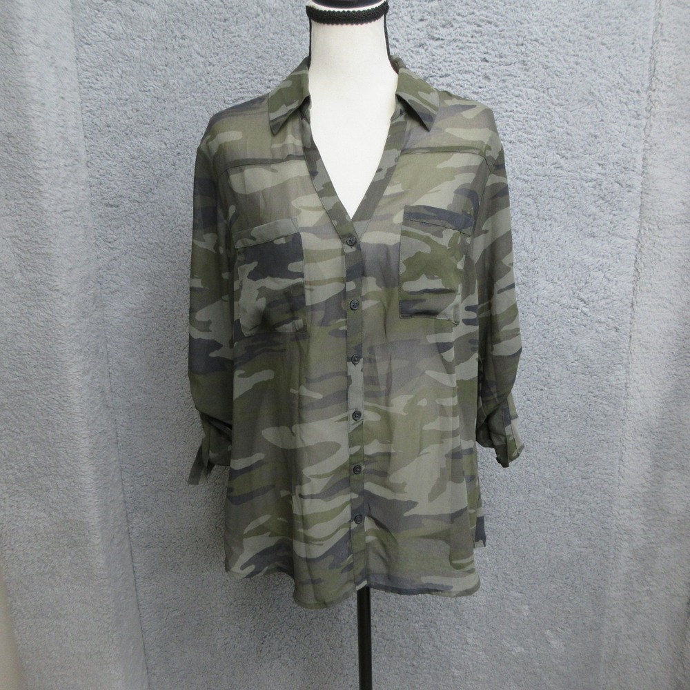 Express Camo Portofino Shirt Women M Green Sheer Button Up Roll Tab Utility